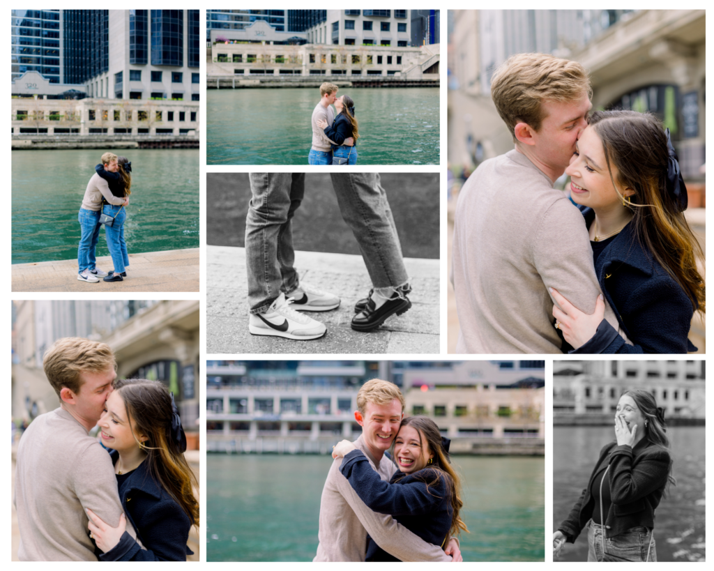 A Chicago couple stands on the riverwalk after their engagement